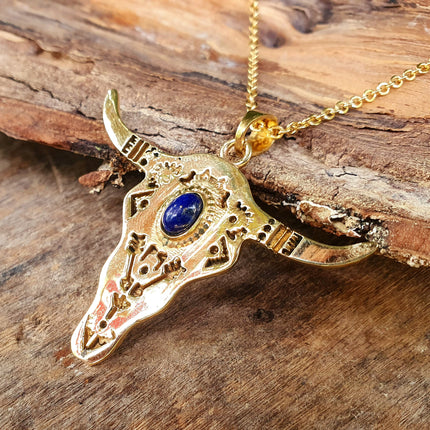 Golden Cow Necklace / Lapis Lazuli / Talisman / Native American / Third Eye / Hypoallergenic / Brass / Boho / Inca / Ethnic / Illuminati