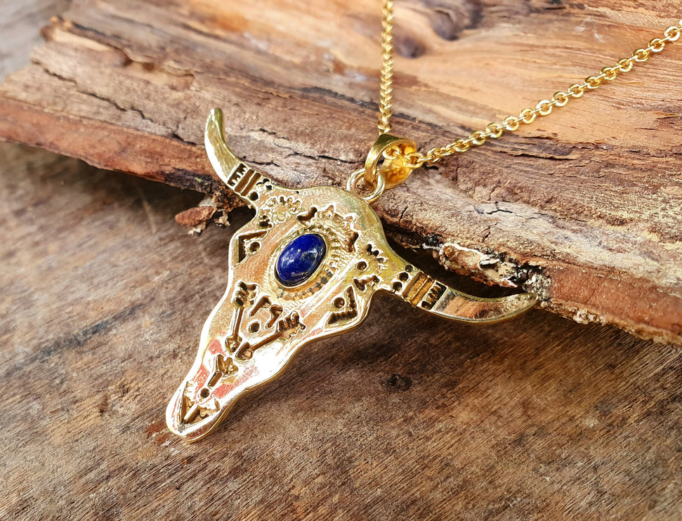 Golden Cow Necklace / Lapis Lazuli / Talisman / Native American / Third Eye / Hypoallergenic / Brass / Boho / Inca / Ethnic / Illuminati