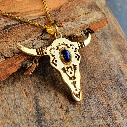 Golden Cow Necklace / Lapis Lazuli / Talisman / Native American / Third Eye / Hypoallergenic / Brass / Boho / Inca / Ethnic / Illuminati