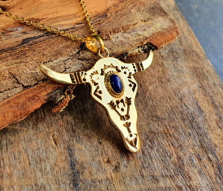 Golden Cow Necklace / Lapis Lazuli / Talisman / Native American / Third Eye / Hypoallergenic / Brass / Boho / Inca / Ethnic / Illuminati