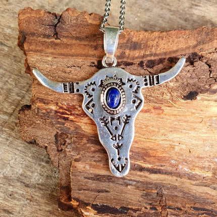 Silver Cow Necklace / Lapis Lazuli / Talisman / Native American / Third Eye / Hypoallergenic / Brass / Boho / Inca / Ethnic / Illuminati