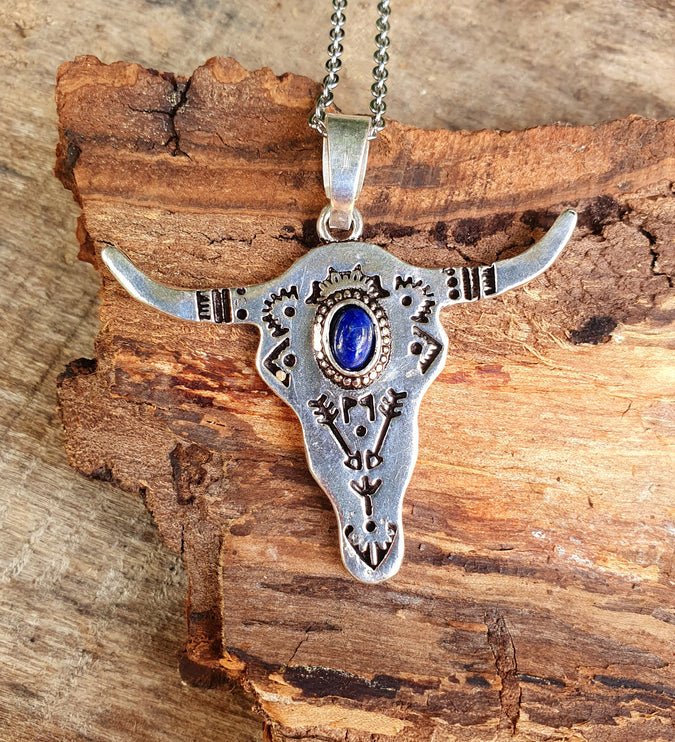 Silver Cow Necklace / Lapis Lazuli / Talisman / Native American / Third Eye / Hypoallergenic / Brass / Boho / Inca / Ethnic / Illuminati