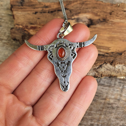 Silver Cow Necklace / Red Garnet / Talisman / Native American / Third Eye / Hypoallergenic / Brass / Boho / Inca / Ethnic / Illuminati