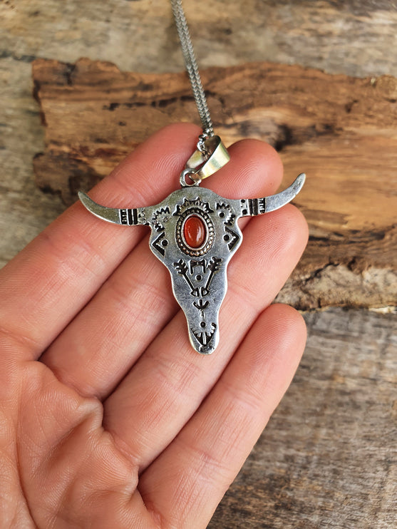 Silver Cow Necklace / Red Garnet / Talisman / Native American / Third Eye / Hypoallergenic / Brass / Boho / Inca / Ethnic / Illuminati