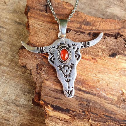 Silver Cow Necklace / Red Garnet / Talisman / Native American / Third Eye / Hypoallergenic / Brass / Boho / Inca / Ethnic / Illuminati