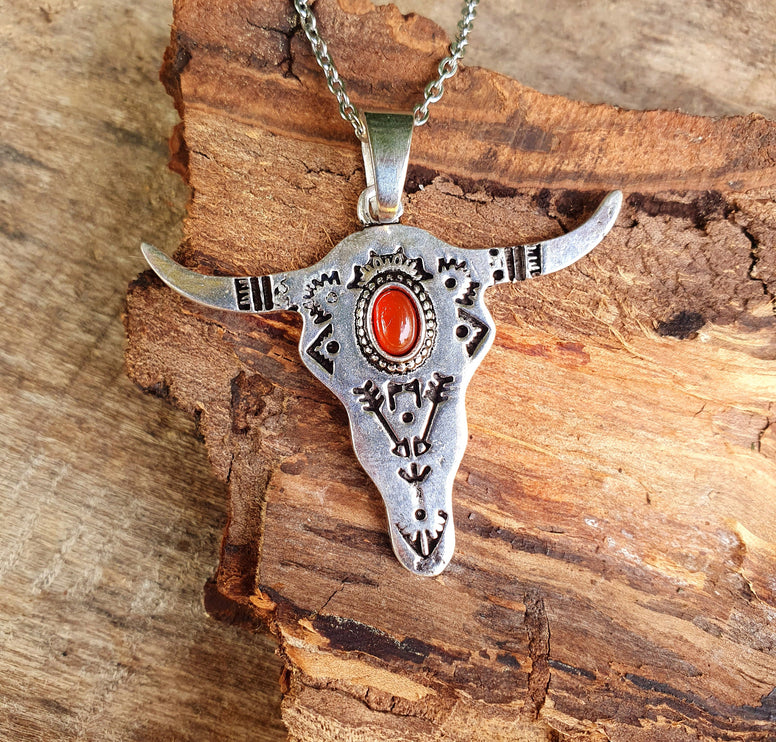 Silver Cow Necklace / Red Garnet / Talisman / Native American / Third Eye / Hypoallergenic / Brass / Boho / Inca / Ethnic / Illuminati