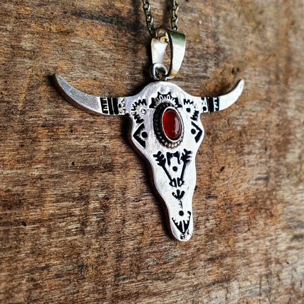 Silver Cow Necklace / Red Garnet / Talisman / Native American / Third Eye / Hypoallergenic / Brass / Boho / Inca / Ethnic / Illuminati