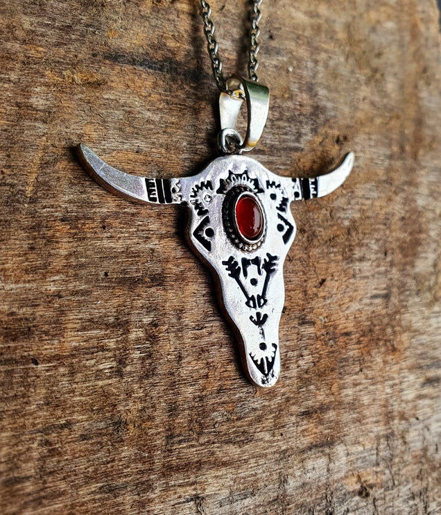 Silver Cow Necklace / Red Garnet / Talisman / Native American / Third Eye / Hypoallergenic / Brass / Boho / Inca / Ethnic / Illuminati