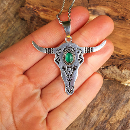 Silver Cow Necklace / Green Onyx / Talisman / Native American / Third Eye / Hypoallergenic / Brass / Boho / Inca / Ethnic / Illuminati