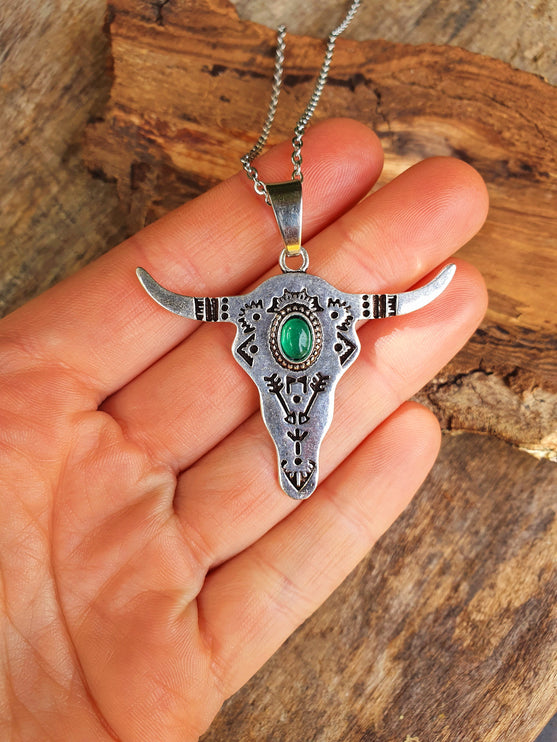 Silver Cow Necklace / Green Onyx / Talisman / Native American / Third Eye / Hypoallergenic / Brass / Boho / Inca / Ethnic / Illuminati