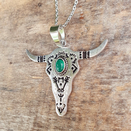 Silver Cow Necklace / Green Onyx / Talisman / Native American / Third Eye / Hypoallergenic / Brass / Boho / Inca / Ethnic / Illuminati