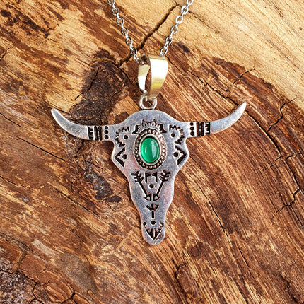 Silver Cow Necklace / Green Onyx / Talisman / Native American / Third Eye / Hypoallergenic / Brass / Boho / Inca / Ethnic / Illuminati