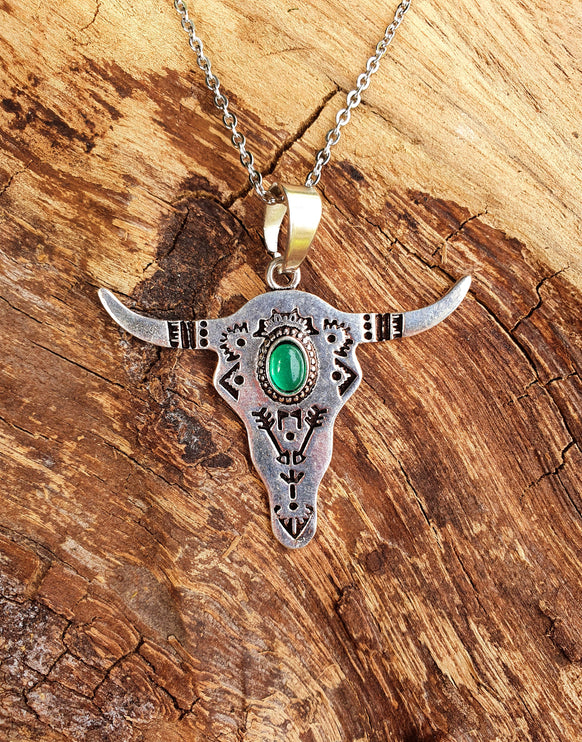 Silver Cow Necklace / Green Onyx / Talisman / Native American / Third Eye / Hypoallergenic / Brass / Boho / Inca / Ethnic / Illuminati