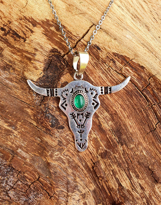 Silver Pendant Cow Necklace Green Onyx Stone, Stainless Steel Chain