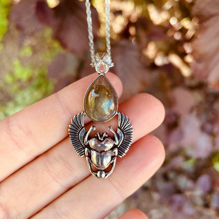 Silver Scarab Necklace / Labradorite / Talisman / Third Eye / Hypoallergenic / Brass / Boho / Inca / Ethnic / Illuminati