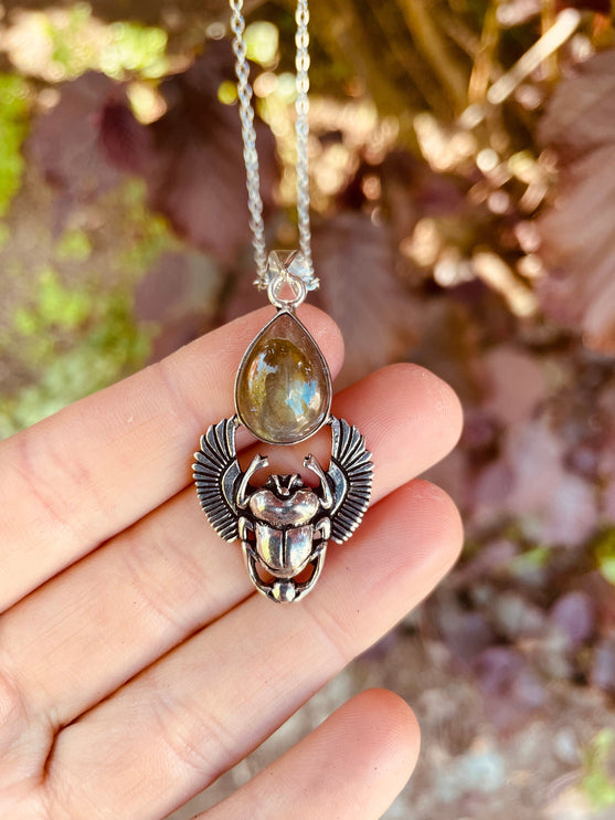 Silver Scarab Necklace / Labradorite / Talisman / Third Eye / Hypoallergenic / Brass / Boho / Inca / Ethnic / Illuminati