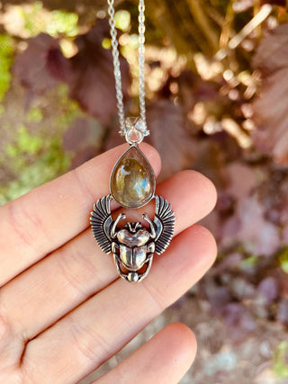 Silver Scarab Necklace / Labradorite / Talisman / Third Eye / Hypoallergenic / Brass / Boho / Inca / Ethnic / Illuminati