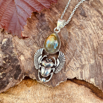 Silver Scarab Necklace / Labradorite / Talisman / Third Eye / Hypoallergenic / Brass / Boho / Inca / Ethnic / Illuminati