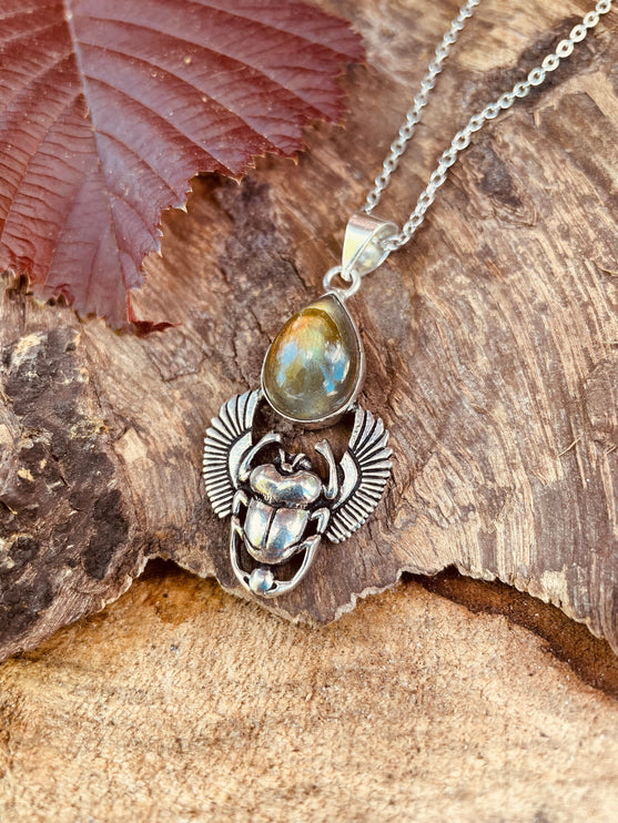 Silver Scarab Necklace / Labradorite / Talisman / Third Eye / Hypoallergenic / Brass / Boho / Inca / Ethnic / Illuminati