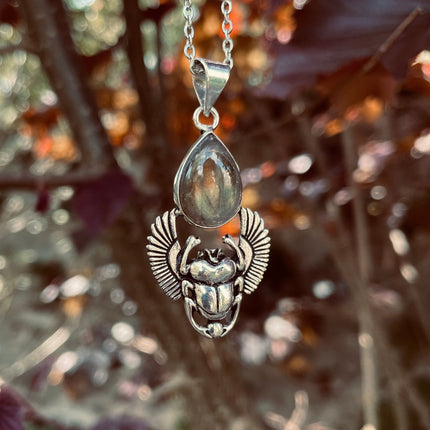 Silver Scarab Necklace / Labradorite / Talisman / Third Eye / Hypoallergenic / Brass / Boho / Inca / Ethnic / Illuminati