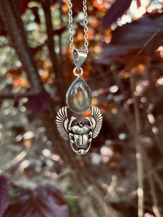 Silver Scarab Necklace / Labradorite / Talisman / Third Eye / Hypoallergenic / Brass / Boho / Inca / Ethnic / Illuminati