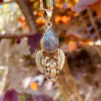 Golden Scarab Labradorite Necklace / Talisman / Third Eye / Hypoallergenic / Brass / Boho / Inca / Ethnic / Illuminati