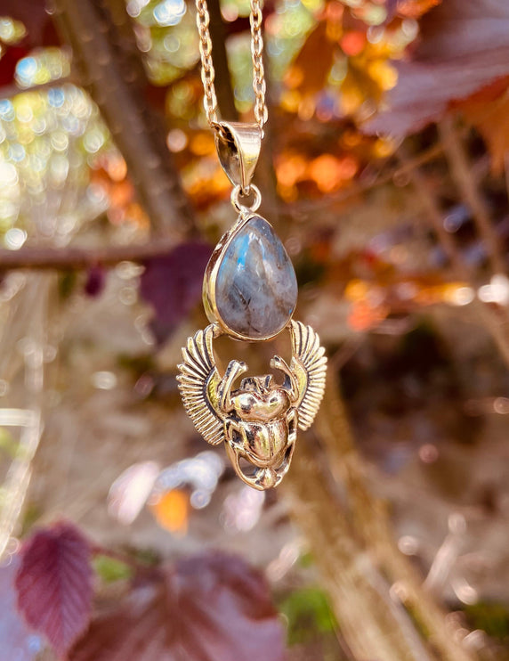 Golden Scarab Labradorite Necklace / Talisman / Third Eye / Hypoallergenic / Brass / Boho / Inca / Ethnic / Illuminati