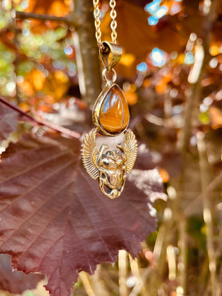 Golden Scarab Necklace / Tiger Eye / Talisman / Third Eye / Hypoallergenic / Brass / Boho / Inca / Ethnic / Illuminati