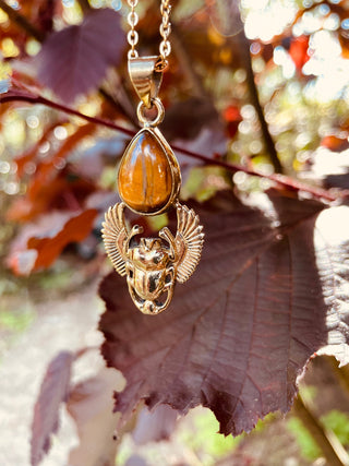 Golden Scarab Necklace / Tiger Eye / Talisman / Third Eye / Hypoallergenic / Brass / Boho / Inca / Ethnic / Illuminati
