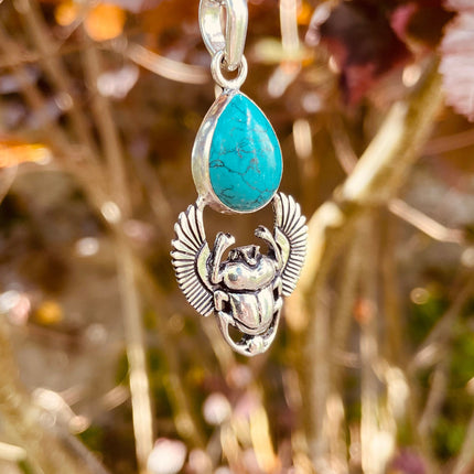 Silver Scarab Necklace / Turquoise / Talisman / Third Eye / Hypoallergenic / Boho / Inca / Ethnic / Illuminati