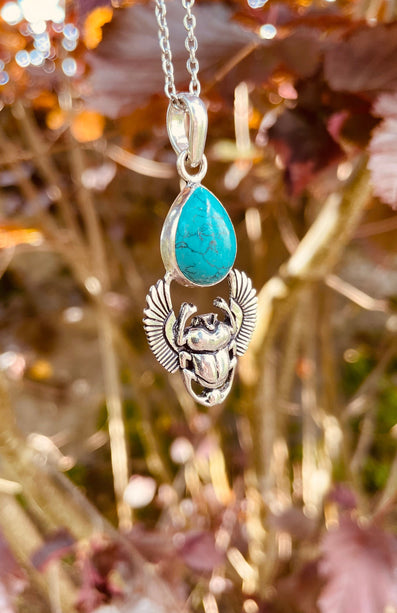 Silver Scarab Necklace / Turquoise / Talisman / Third Eye / Hypoallergenic / Boho / Inca / Ethnic / Illuminati