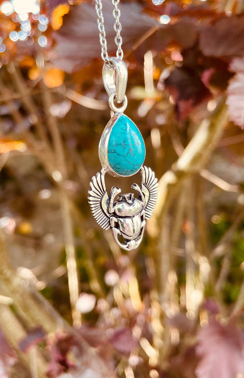 Silver Scarab Necklace / Turquoise / Talisman / Third Eye / Hypoallergenic / Boho / Inca / Ethnic / Illuminati