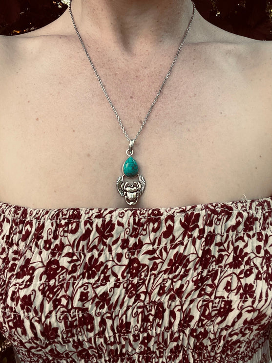 Silver Scarab Necklace / Turquoise / Talisman / Third Eye / Hypoallergenic / Boho / Inca / Ethnic / Illuminati