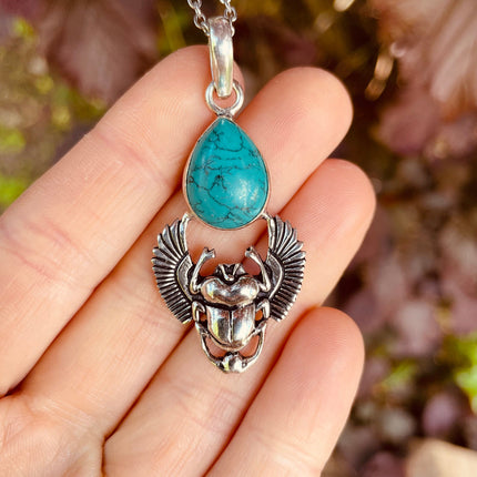 Silver Scarab Necklace / Turquoise / Talisman / Third Eye / Hypoallergenic / Boho / Inca / Ethnic / Illuminati