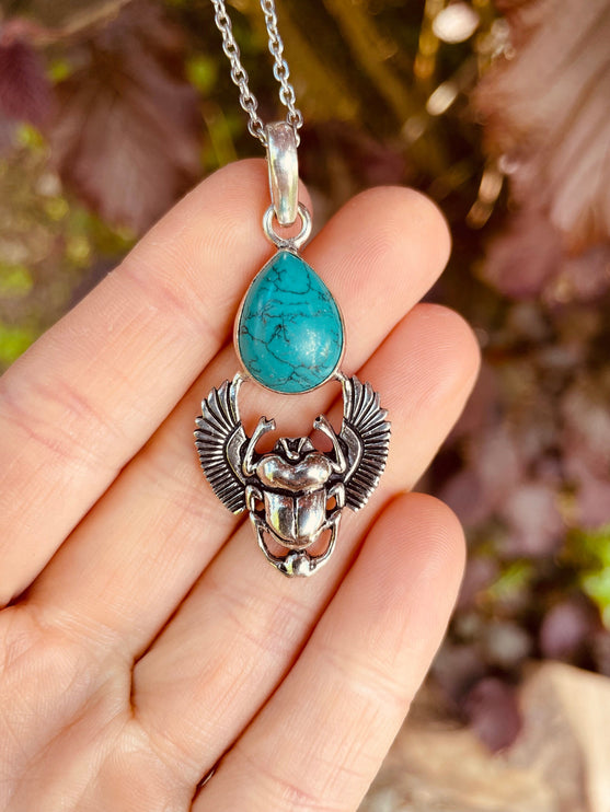 Silver Scarab Necklace / Turquoise / Talisman / Third Eye / Hypoallergenic / Boho / Inca / Ethnic / Illuminati