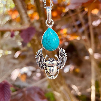 Silver Scarab Necklace / Turquoise / Talisman / Third Eye / Hypoallergenic / Boho / Inca / Ethnic / Illuminati