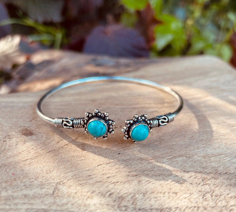 Turquoise Bali Boho Silver Bracelet / Bangle / Ethnic / Rustic / Bohemian / Hippie / Gypsy / Psy / Adjustable