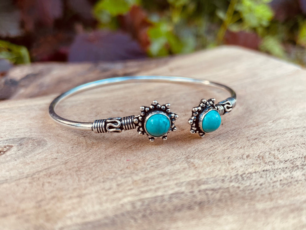 Turquoise Bali Boho Silver Bracelet / Bangle / Ethnic / Rustic / Bohemian / Hippie / Gypsy / Psy / Adjustable