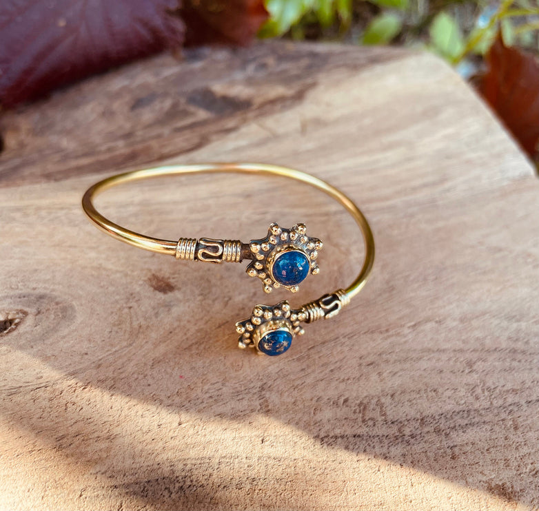 Lapis Lazuli Bali Boho Brass Bracelet / Bangle / Ethnic / Rustic / Bohemian / Hippie / Gypsy / Psy / Adjustable