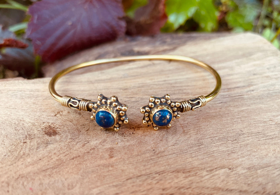 Lapis Lazuli Bali Boho Brass Bracelet / Bangle / Ethnic / Rustic / Bohemian / Hippie / Gypsy / Psy / Adjustable