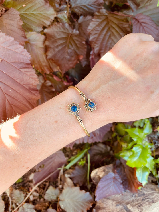 Lapis Lazuli Bali Boho Brass Bracelet / Bangle / Ethnic / Rustic / Bohemian / Hippie / Gypsy / Psy / Adjustable