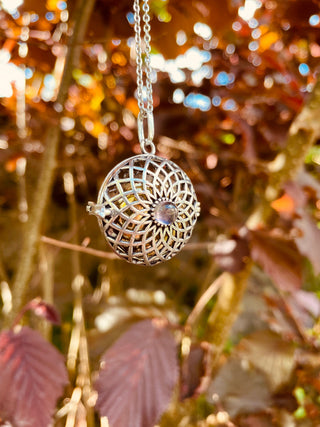 Silver Bola Necklace Brass & Amethyst / Pregnancy / Hypoallergenic / Harmony Ball / Chimes / Bell / Vegan / Ethnic / Boho / Hippie / 