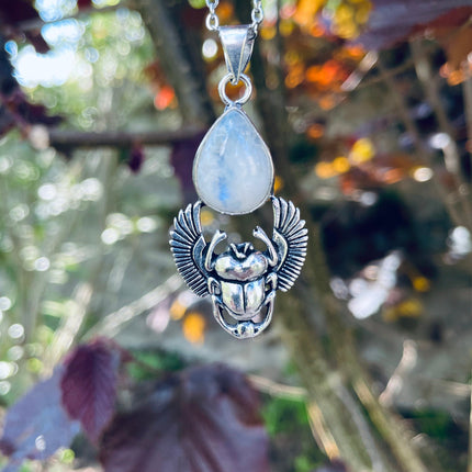 Silver Scarab Necklace / Moonstone / Talisman / Third Eye / Hypoallergenic / Brass / Boho / Inca / Ethnic / Illuminati