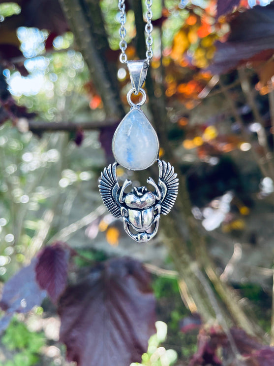 Silver Scarab Necklace / Moonstone / Talisman / Third Eye / Hypoallergenic / Brass / Boho / Inca / Ethnic / Illuminati