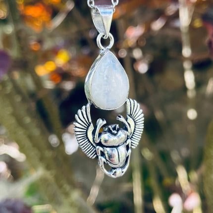 Silver Scarab Necklace / Moonstone / Talisman / Third Eye / Hypoallergenic / Brass / Boho / Inca / Ethnic / Illuminati