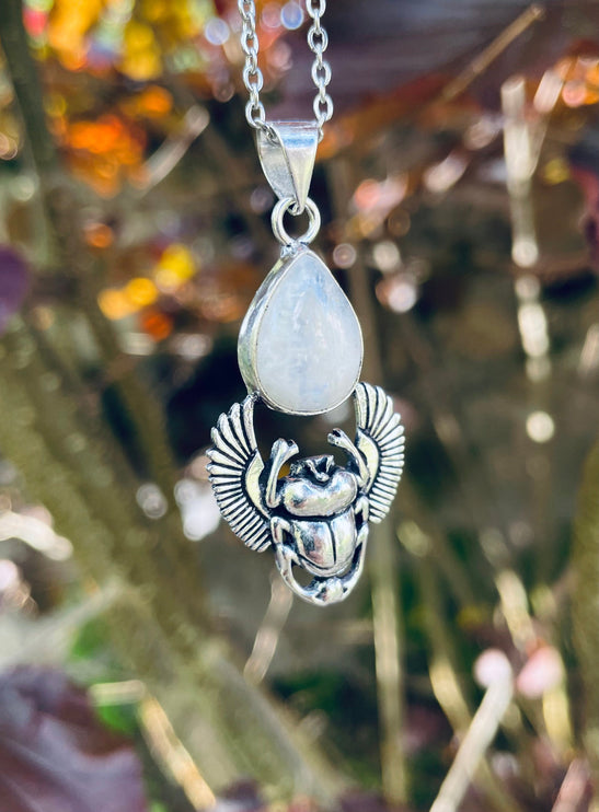 Silver Scarab Necklace / Moonstone / Talisman / Third Eye / Hypoallergenic / Brass / Boho / Inca / Ethnic / Illuminati