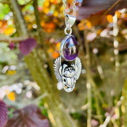 Silver Scarab Necklace / Amethyst / Talisman / Third Eye / Hypoallergenic / Brass / Boho / Inca / Ethnic / Illuminati