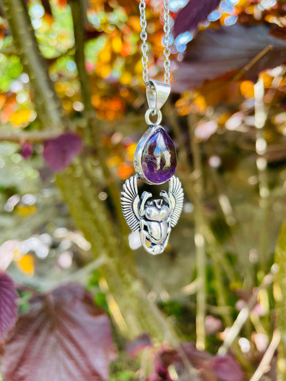 Silver Scarab Necklace / Amethyst / Talisman / Third Eye / Hypoallergenic / Brass / Boho / Inca / Ethnic / Illuminati