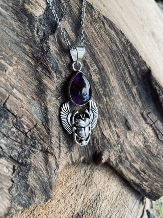 Silver Scarab Necklace / Amethyst / Talisman / Third Eye / Hypoallergenic / Brass / Boho / Inca / Ethnic / Illuminati