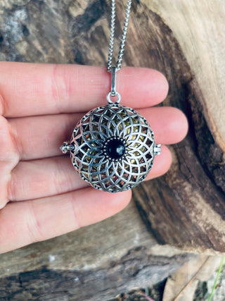 Silver Bola Necklace Brass & Black Onyx / Pregnancy / Hypoallergenic / Harmony Ball / Chimes / Bell / Vegan / Ethnic / Boho / Hippie / 